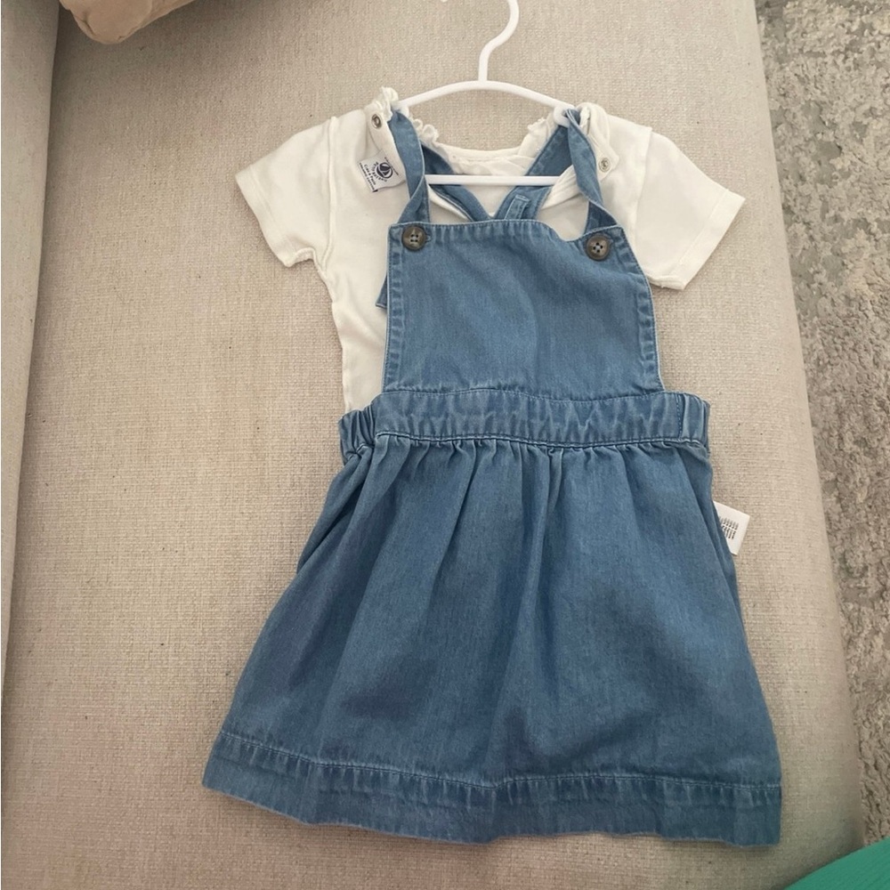 Blue Denim Jumper Dress with White Top